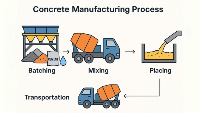 Step-by-step infographic of the concrete manufacturing process, showing batching, mixing, transporting, placing, compacting, curing, and finishing with visuals.