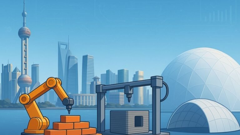 Futuristic Chinese construction scene with a robotic arm, 3D printing machine, and inflatable domes set against the Shanghai skyline.