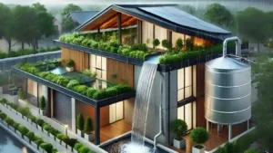 Modern eco-friendly house with a rooftop rainwater harvesting system, connected to a large storage tank, surrounded by lush green gardens irrigated with stored rainwater, showcasing sustainable water conservation practices