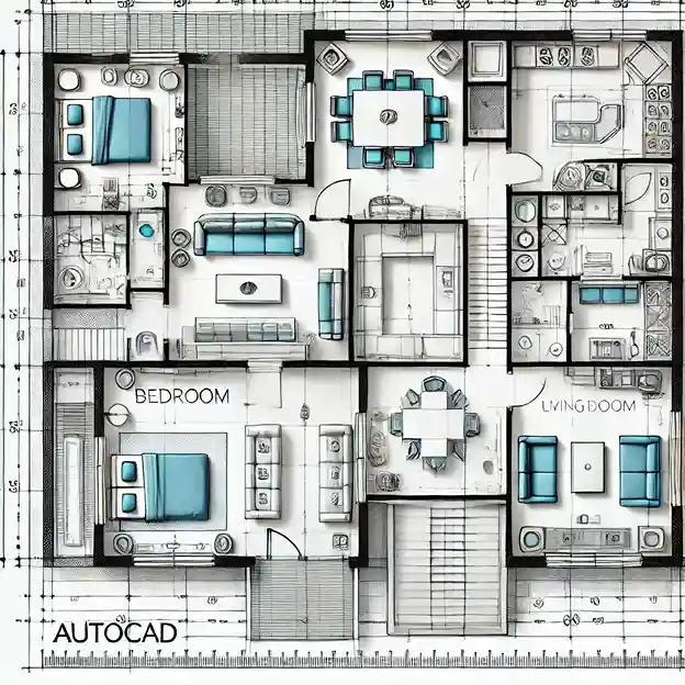 A professional AutoCAD drawing featuring a basic floor plan of a modern house, including walls, windows, doors, and furniture layout. Designed for clarity and beginner-friendly understanding of AutoCAD features