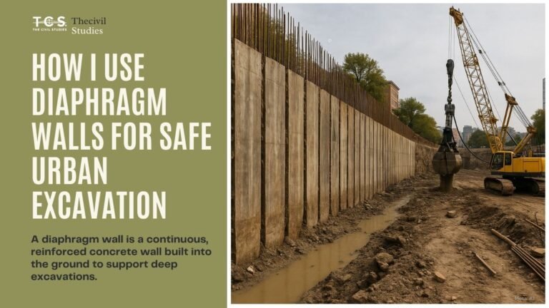 Construction of diaphragm wall using heavy excavator and concrete panels at a deep excavation site.