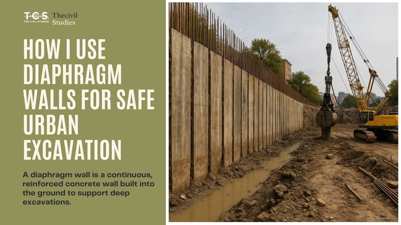 Construction of diaphragm wall using heavy excavator and concrete panels at a deep excavation site.