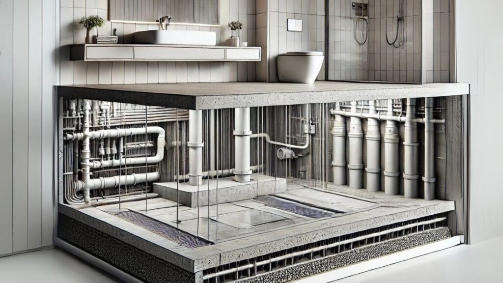 Cross-sectional sketch of a sunken slab revealing embedded bathroom plumbing layout and slope for drainage.