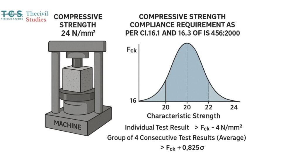 What Is Characteristic Compressive Strength of Concrete? IS 456:2000 Explained 3 Concrete cube under compression testing machine with Gaussian distribution chart illustrating strength compliance per IS 456:2000.