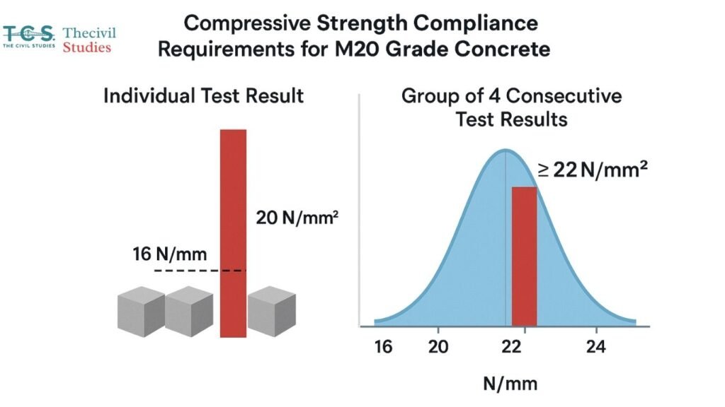 What Is Characteristic Compressive Strength of Concrete? IS 456:2000 Explained 2 Bar chart and normal distribution curve showing M20 concrete individual and group test strength limits based on IS 456:2000.