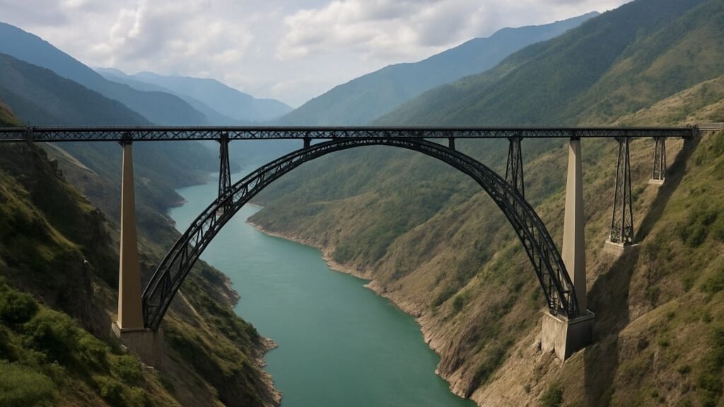 Chenab Rail Bridge, World’s Highest Railway Bridge Boosts Kashmir Connectivity 5 Steel arch structure of Chenab Bridge with scaffolding and cranes