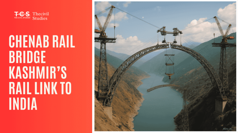 Aerial view of Chenab Bridge under construction over the Chenab River