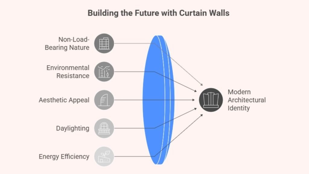 Curtain Walls in Modern Architecture: Function, Types, and Benefits 2 Infographic showcasing the benefits and future role of curtain wall systems in modern architecture, energy efficiency, and sustainable urban design.