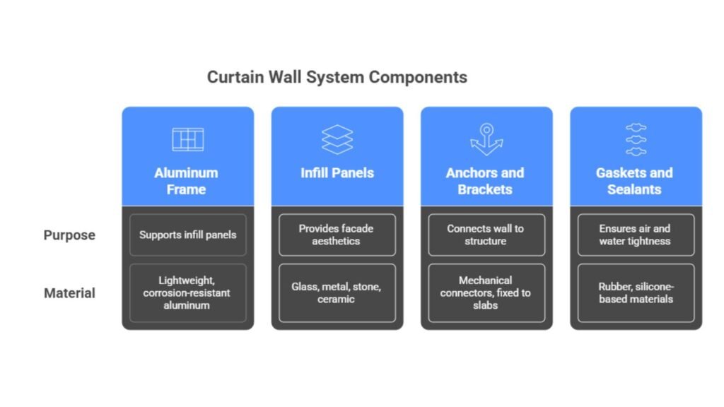 Curtain Walls in Modern Architecture: Function, Types, and Benefits 4 Labeled diagram of curtain wall system components including frame, infill panel, anchor brackets, and sealants.