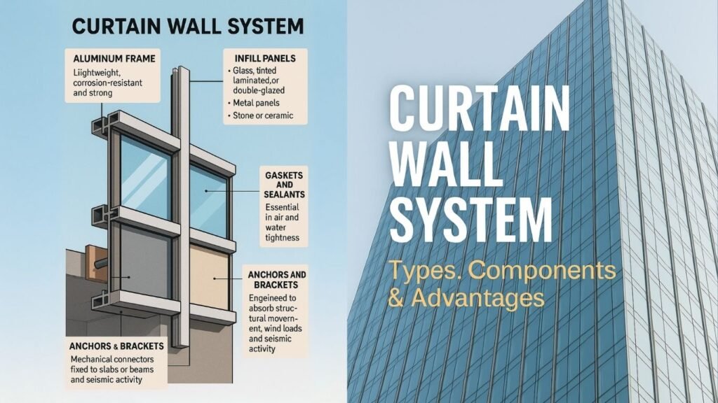 Curtain Walls in Modern Architecture: Function, Types, and Benefits 3 Infographic showing types of curtain wall systems: stick system and unitized system with labeled components and benefits.