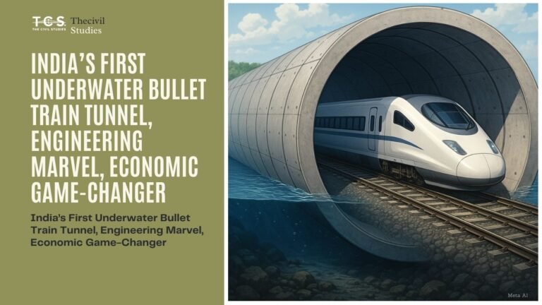 India’s underwater bullet train tunnel beneath Thane Creek, showing a bullet train passing through a dual-track tunnel deep below the sea