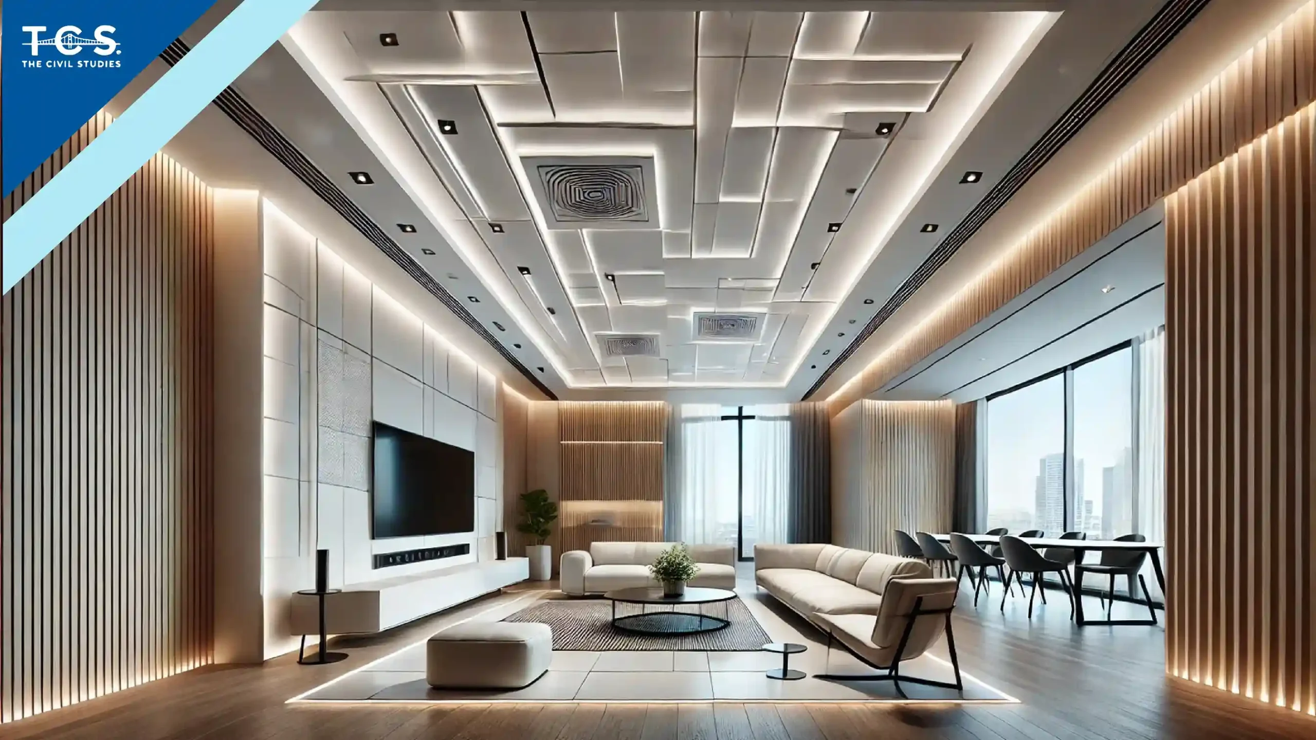 A modern living room with a sleek false ceiling featuring recessed lighting, geometric patterns, and hidden fixtures, complemented by natural light and minimalistic furniture