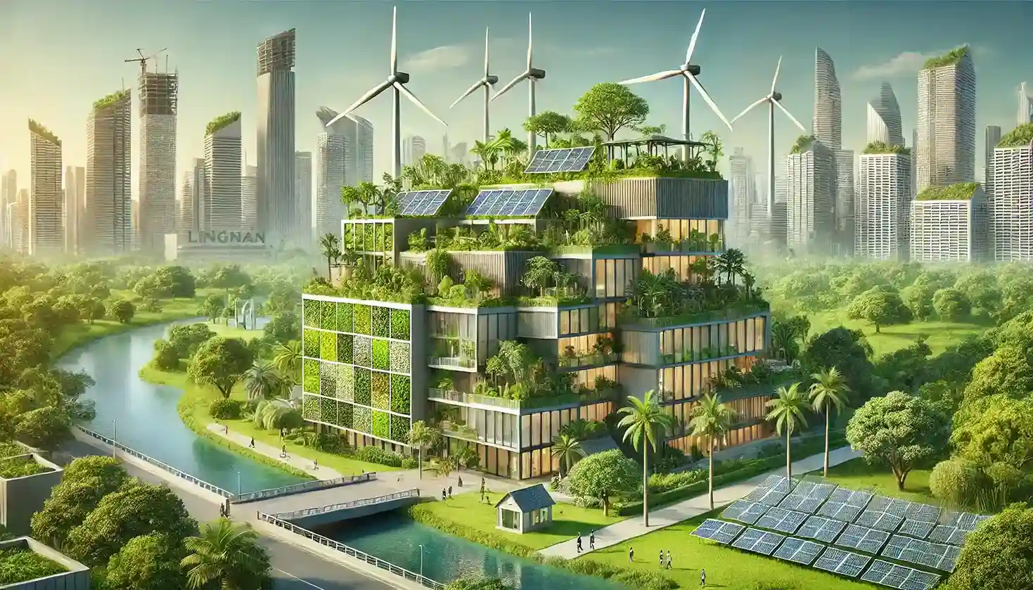 green building technologies in Lingnan, showcasing sustainable architecture and energy-efficient design elements like wind turbines, rainwater harvesting, and plant greening.