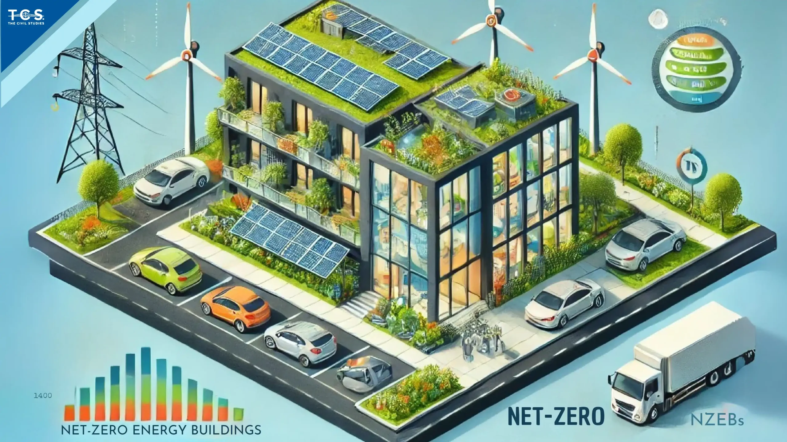 Net-Zero Energy Building featuring solar panels and energy-efficient design