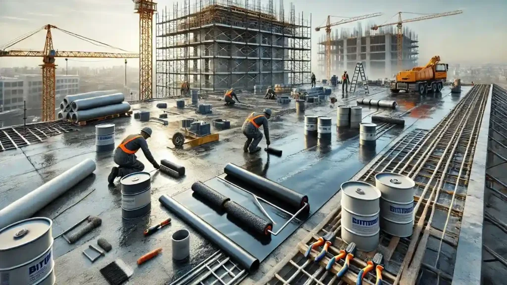 Workers in safety gear applying waterproof coatings to a concrete slab using rollers and spray equipment. Waterproofing materials such as bitumen sheets, sealants, and liquid membranes are displayed, with scaffolding and cranes in the background