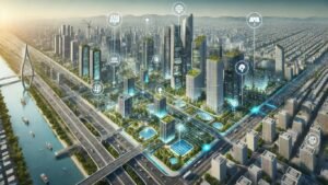 Smart city infrastructure with advanced technology and sustainable design, showcasing civil engineers' role in urban development