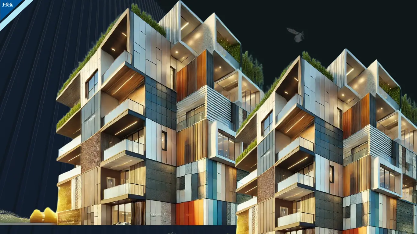 A vibrant collage showcasing various cladding materials used in modern construction, including wood, metal, composite, stone, and vinyl, highlighting their textures and applications in residential and commercial buildings