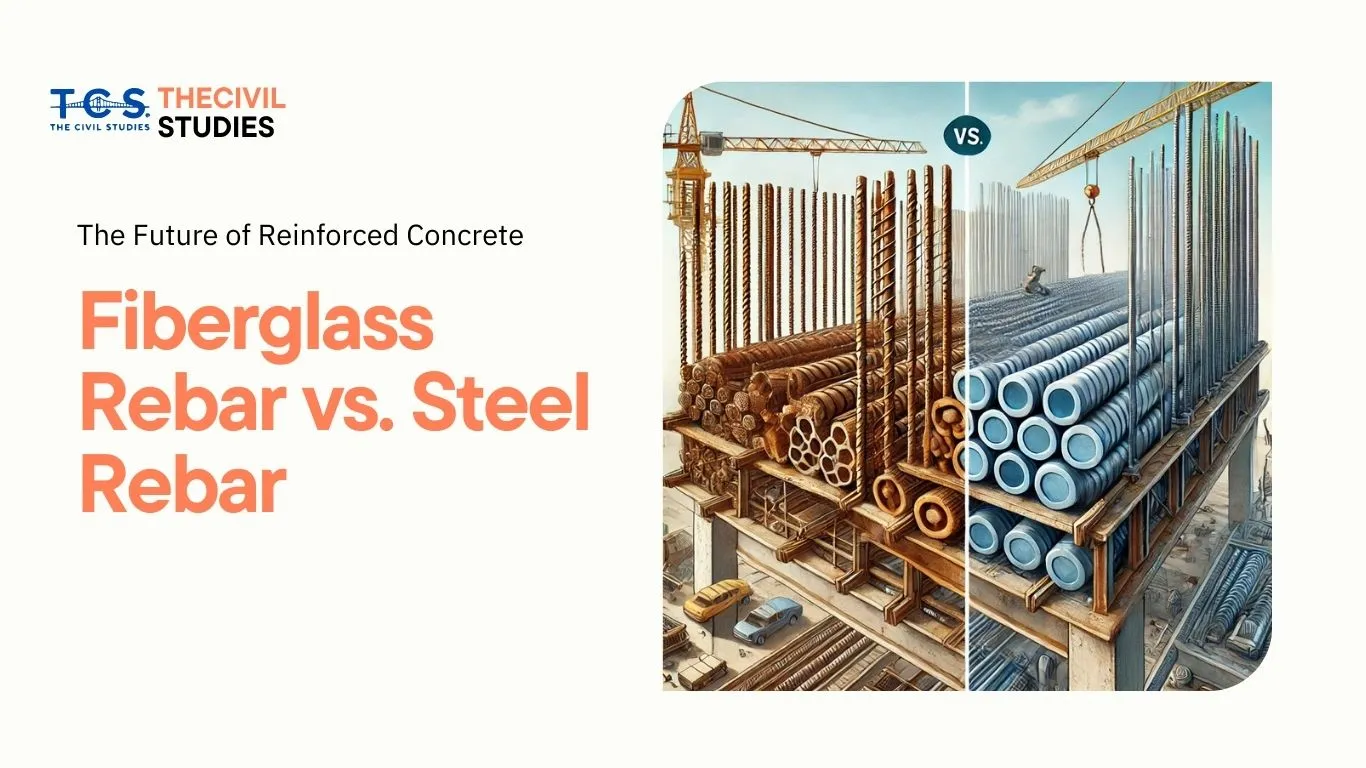 A side-by-side comparison of Fiberglass Rebar (GFRP) vs. Steel Rebar, highlighting differences in corrosion resistance, weight, strength, and durability. The image showcases rusty steel rebars versus clean, lightweight fiberglass rebars used in reinforced concrete construction.