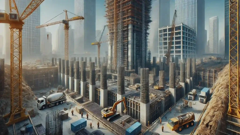 Construction site of a modern skyscraper foundation with reinforced concrete pillars, steel reinforcements, excavation work, and engineers inspecting progress