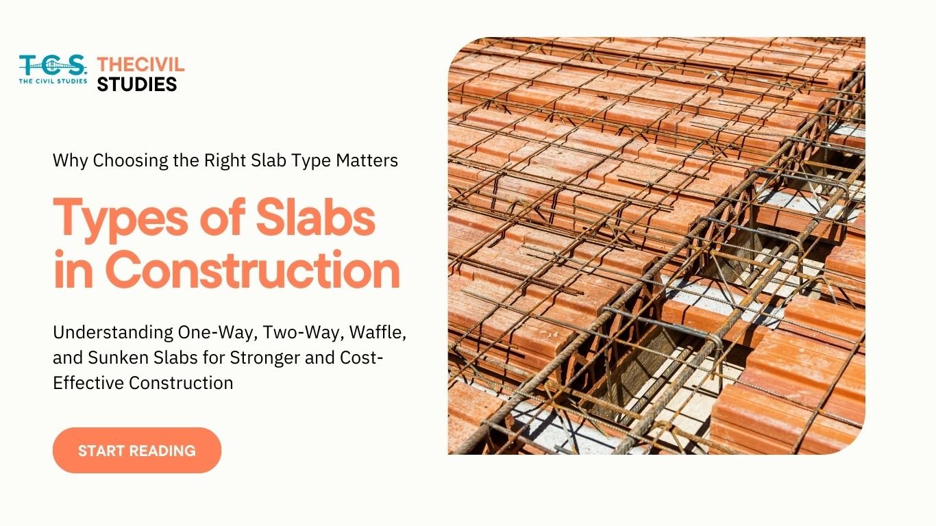 one-way slabs, two-way slabs, flat slabs, waffle slabs, and sunken slabs, each serving a unique purpose based on load-bearing capacity, span length, and architectural requirements. For instance, waffle slabs are ideal for large spans due to their lightweight nature, while flat slabs enhance aesthetic appeal and ease of construction. Sunken slabs offer a practical solution for bathrooms and kitchens by accommodating concealed plumbing.