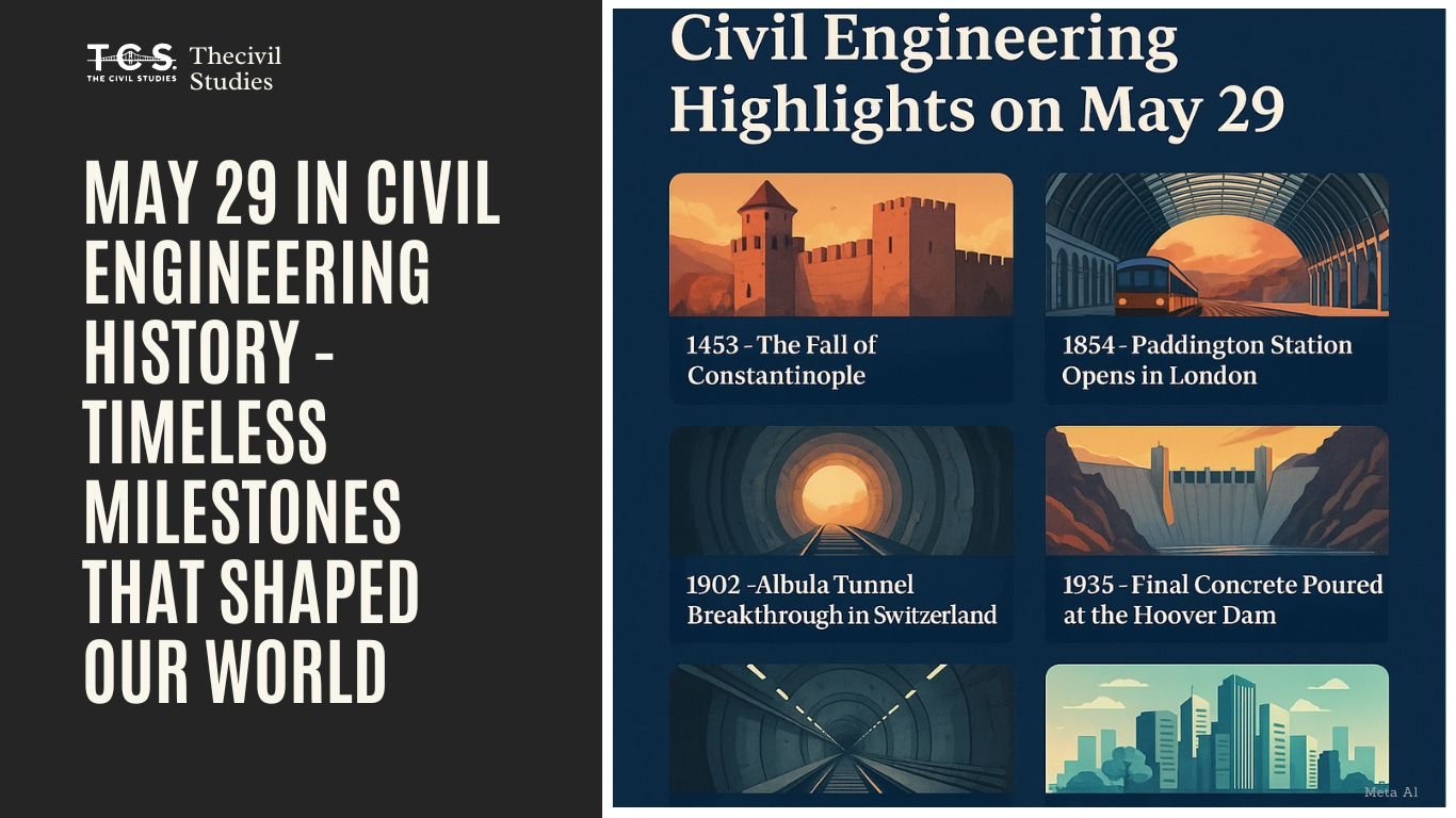 Timeline of major civil engineering events on May 29 including the Fall of Constantinople, opening of Paddington Station, Albula Tunnel breakthrough, Hoover Dam construction, Mount Everest ascent, Gotthard Base Tunnel milestone, and BUILD-2025 Conference.