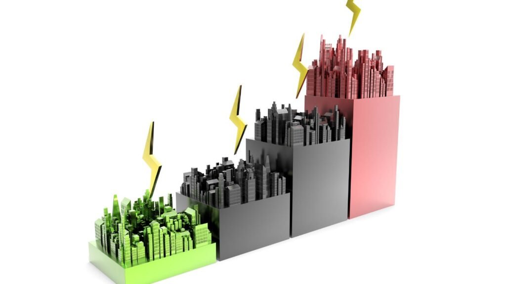 Modern illustration of an AI-integrated building ecosystem featuring an orange human profile with a glowing brain, smart sensors, renewable energy sources, and green cityscape elements.