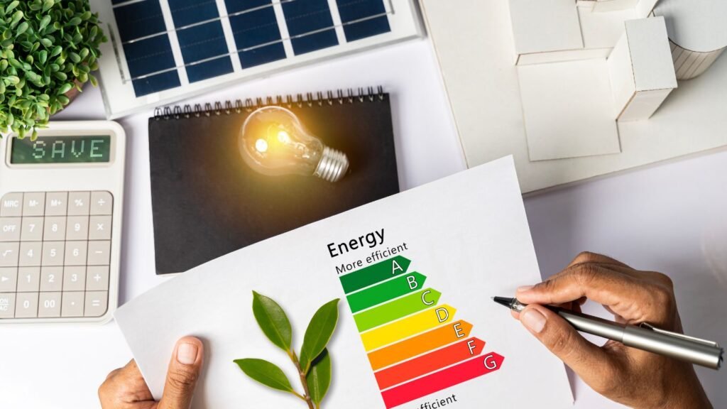 Futuristic illustration of a smart city powered by AI, with connected buildings, digital data streams, renewable energy sources, and environmental icons like sun, wind, and temperature.