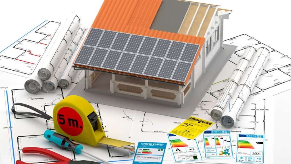 Illustration of an AI-powered smart building with integrated sensors, data visualization elements, eco-friendly architecture, and renewable energy systems in a futuristic cityscape.