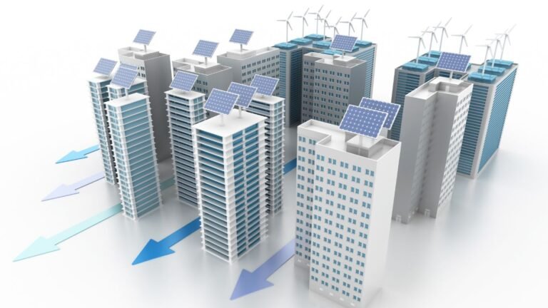 Illustration of a smart city with AI-powered energy systems, showing a human profile with a digital brain, eco-friendly buildings, solar panels, wind turbines, and connected sensors.