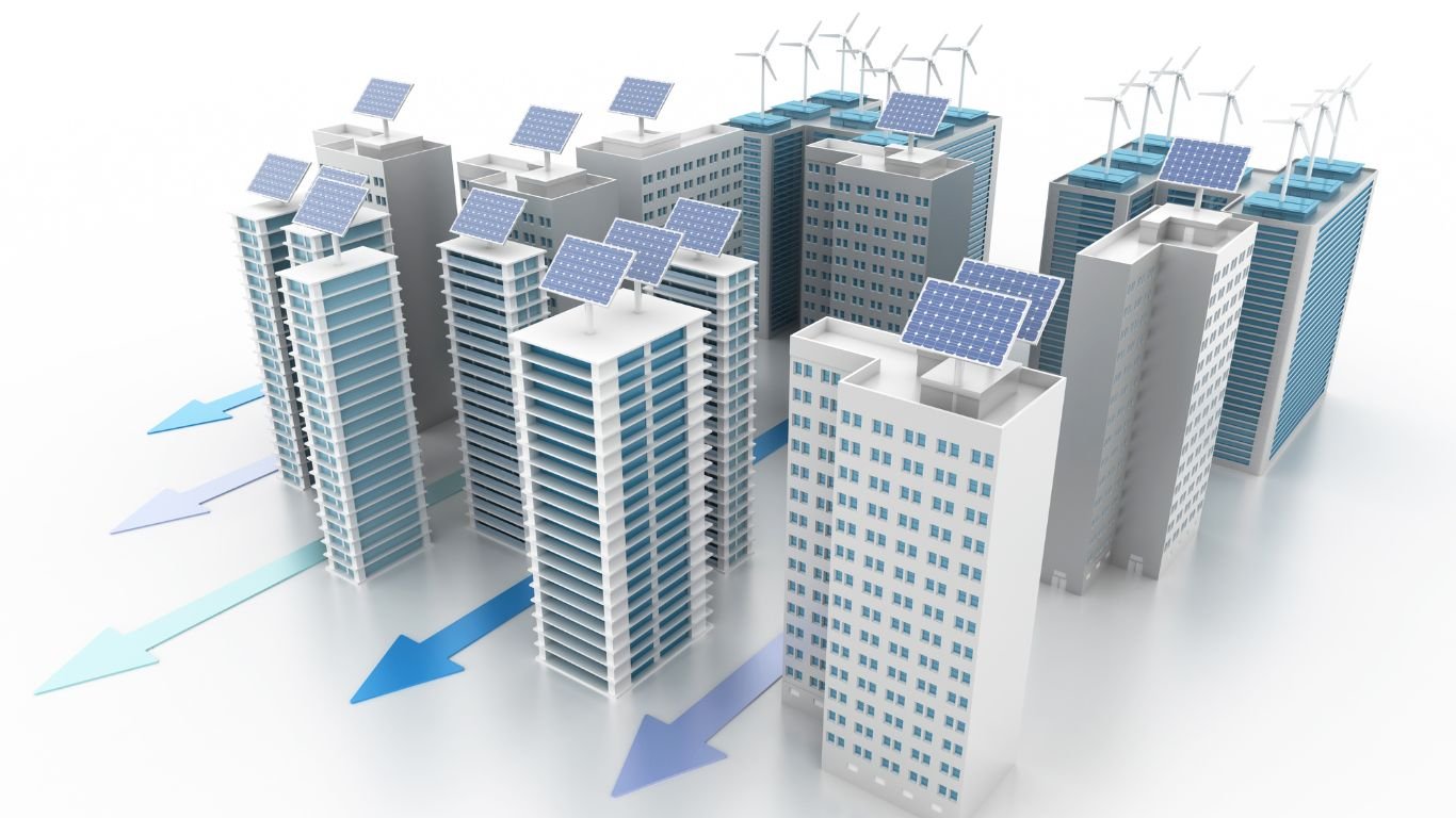 Illustration of a smart city with AI-powered energy systems, showing a human profile with a digital brain, eco-friendly buildings, solar panels, wind turbines, and connected sensors.