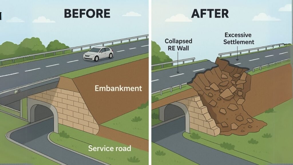 NH-66 Embankment Collapse in Kerala - A Deep-Dive into Technical, Environmental, and Systemic Failures 2 Illustrated cross-section of soft subsoil and high water table contributing to NH-66 embankment failure