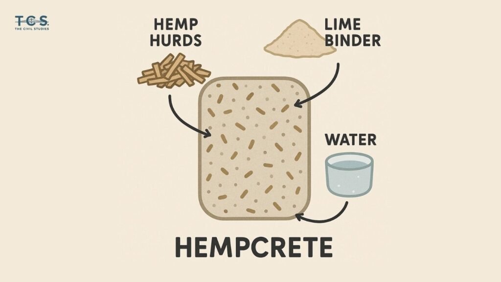 Hempcrete is a lightweight, bio-composite building material made from the woody core of the hemp plant (hemp hurds or shives), a lime-based binder, and water. Unlike traditional concrete, hempcrete is not used for load-bearing structures. Instead, it serves as insulation and wall infill, providing excellent thermal, acoustic, and moisture-regulating properties while being environmentally friendly.