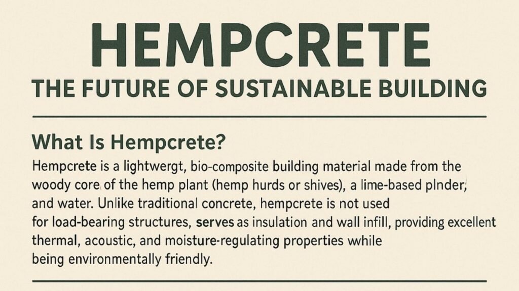 Hempcrete insulation is quickly gaining attention as a sustainable alternative to conventional building materials. It’s made by combining the woody core of the hemp plant (known as hemp hurds) with a lime-based binder and water. This lightweight, non-load-bearing material is used mainly for wall infill and thermal insulation. Unlike traditional concrete used in construction, hempcrete doesn’t support structural loads—but it offers something just as important: a breathable, carbon-friendly solution that naturally regulates indoor humidity and improves air quality. Hempcrete has environmentally friendly properties which make it a smart choice for green buildings and environmentally conscious designs.