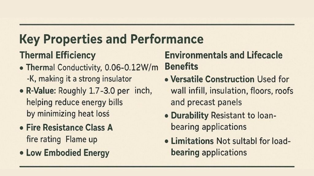 Key Properties and Performance Thermal Efficiency Thermal Conductivity: 0.06–0.12 W/m·K, making it a strong insulator1. R-Value: Roughly 1.7–3.0 per inch, helping reduce energy bills by minimizing heat loss or gain. Specific Heat Capacity: 1000–1700 J/kg·K, allowing hempcrete to absorb, store, and slowly release heat, stabilizing indoor temperatures.