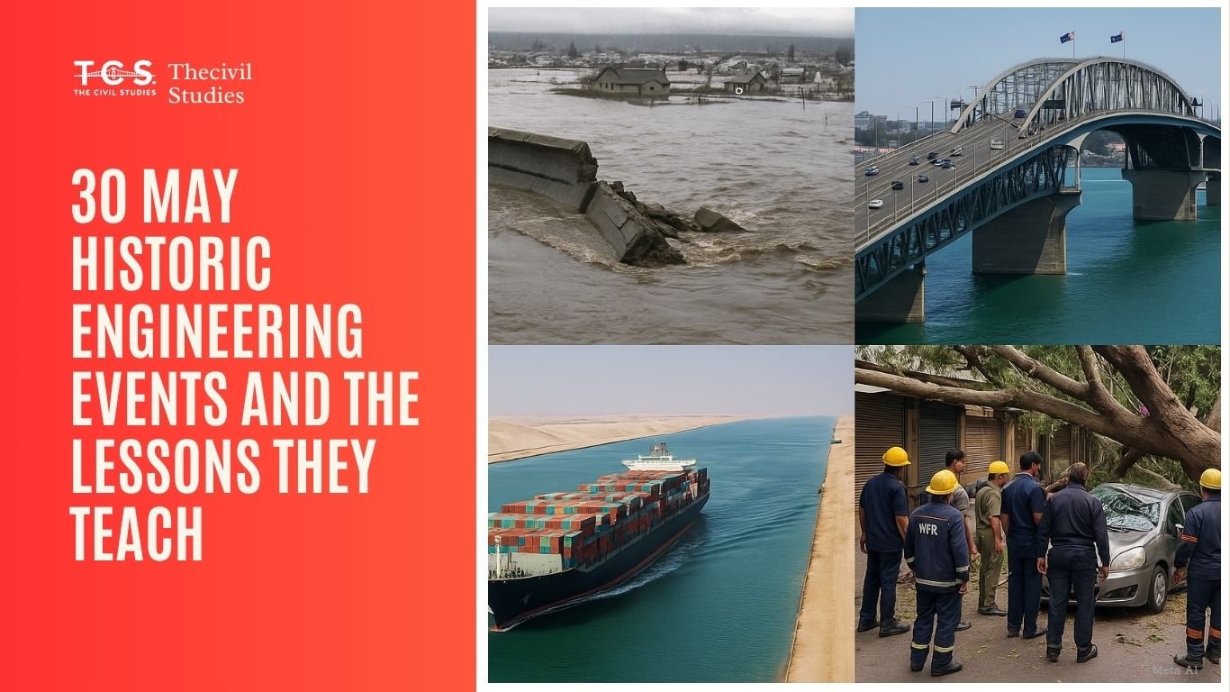 Composite image depicting major civil engineering events on May 30 — Vanport flood, Auckland Harbour Bridge, Suez Canal reopening, and Mumbai tree collapse.