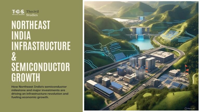 Northeast India’s Infrastructure Revolution - Semiconductor Milestone and a Gateway to Growth 1 A modern semiconductor plant in Assam with surrounding solar panels, hydroelectric infrastructure, and newly constructed highways representing Northeast India’s economic growth and connectivity in 2025.
