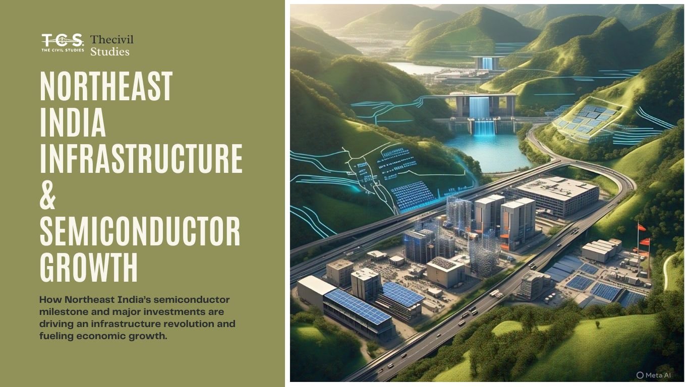 A modern semiconductor plant in Assam with surrounding solar panels, hydroelectric infrastructure, and newly constructed highways representing Northeast India’s economic growth and connectivity in 2025.