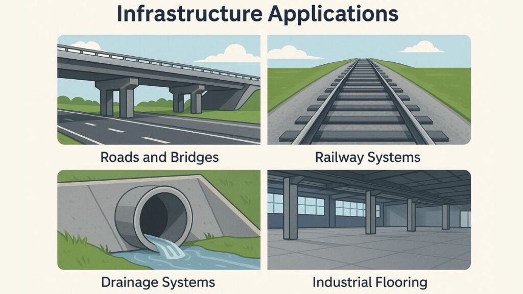 What’s Driving the Polymer Concrete Market in 2024? Trends & Uses Explained 2 A detailed illustration of how polymer concrete is used in infrastructure, featuring roads, bridges, railways, drainage systems, and industrial floors.