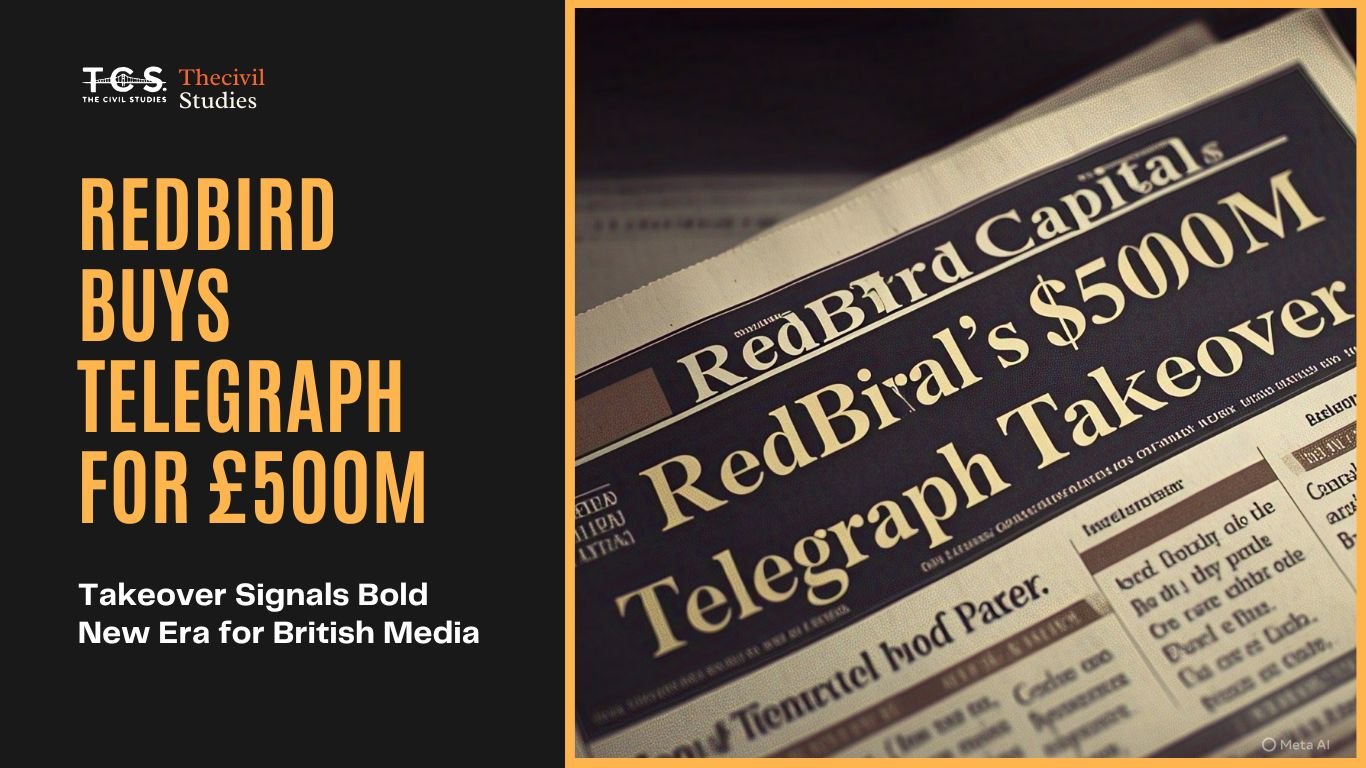 RedBird Capital logo with The Telegraph newspaper and British flag, symbolizing a £500 million media takeover.