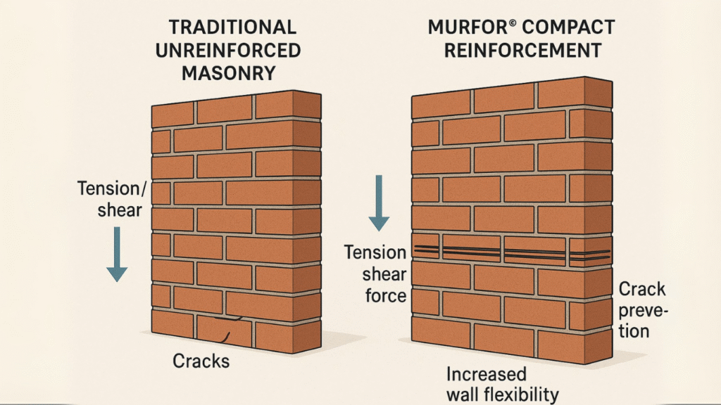 Digital cutaway of brick wall structures showing Murfor® Compact reinforcement and crack formation in unreinforced walls with force direction indicators.
