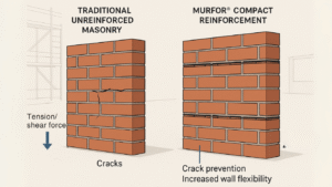 Side-by-side comparison of traditional unreinforced masonry vs Murfor® Compact reinforced brick wall with crack resistance benefits shown in a clean construction diagram.