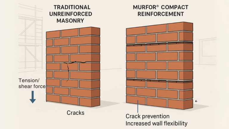 Side-by-side comparison of traditional unreinforced masonry vs Murfor® Compact reinforced brick wall with crack resistance benefits shown in a clean construction diagram.