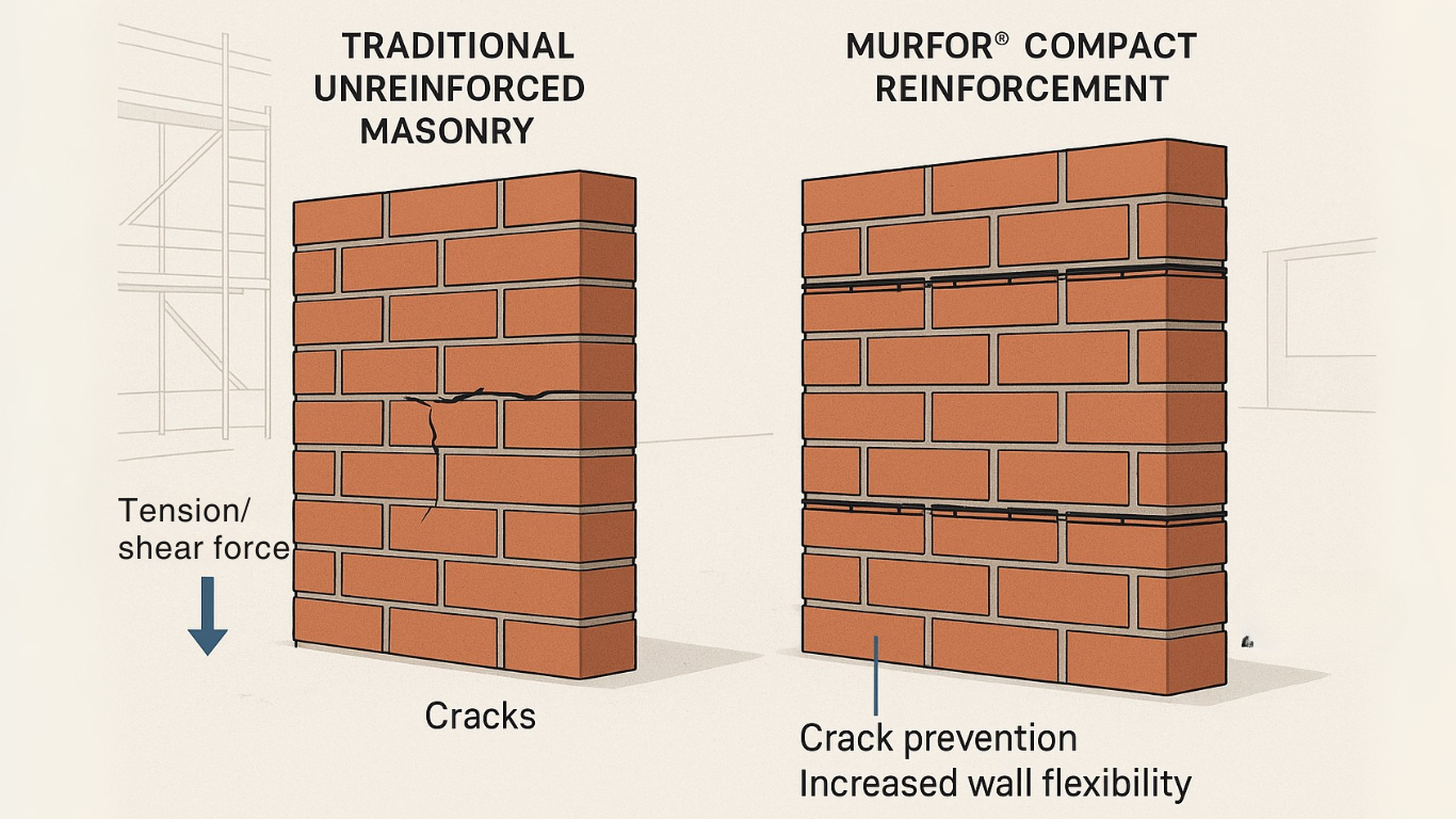 Side-by-side comparison of traditional unreinforced masonry vs Murfor® Compact reinforced brick wall with crack resistance benefits shown in a clean construction diagram.