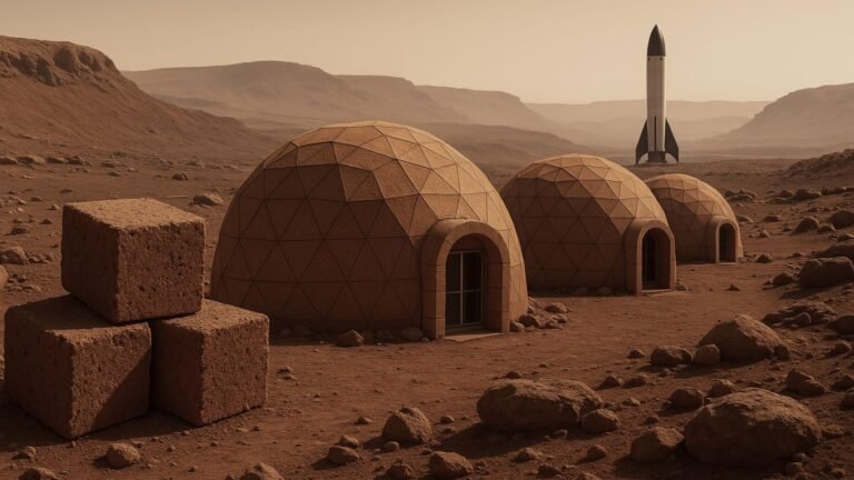Microbial cementation process transforming Martian soil simulant into solid bricks for sustainable habitat construction on Mars.