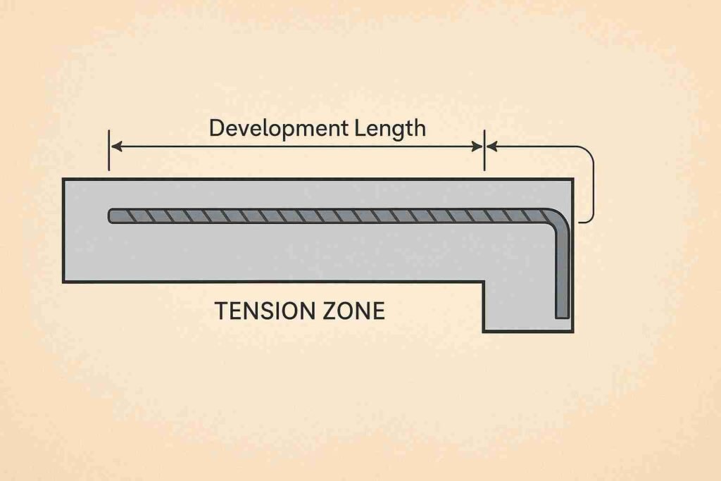 Anchorage Length vs Development Length in RCC: Key Differences and Design Insights 3 Detailed diagram showing how development and anchorage lengths are applied to reinforcement bars in reinforced concrete structures