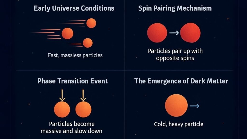 Infographic depicting the theoretical formation of dark matter via four stages—relativistic early-universe conditions, quantum spin pairing of massless particles, a phase transition causing sudden mass acquisition, and the emergence of cold, slow-moving dark matter particles—against a cosmic background.