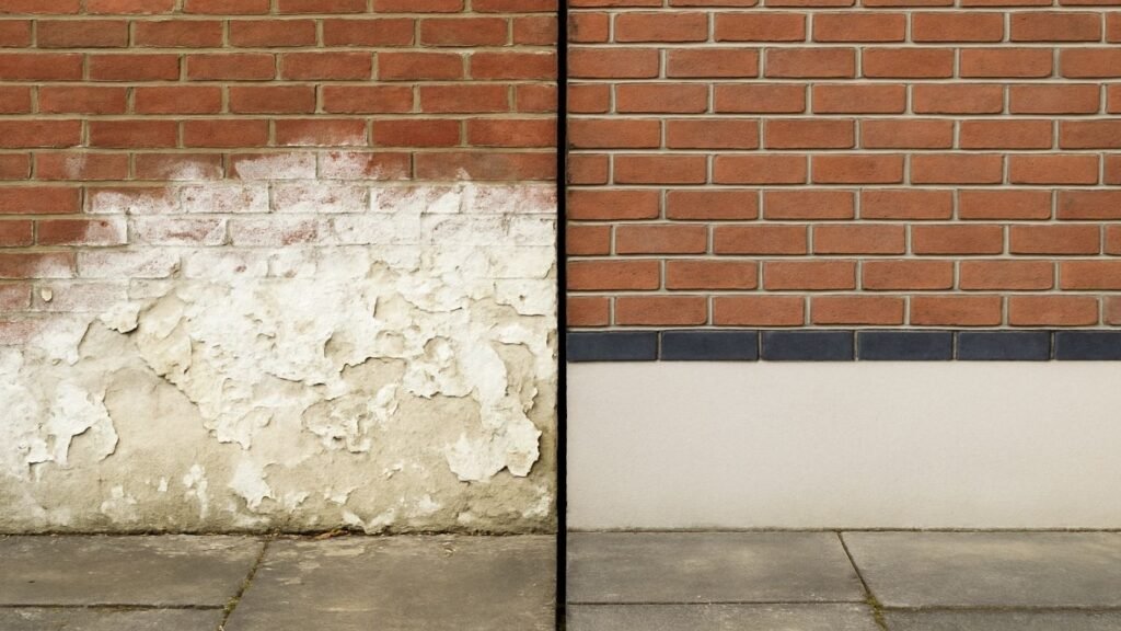 How Improper Damp Proofing Can Lead to Costly Structural Damage 4 Side-by-side image of decayed wall from damp exposure and intact brickwork with damp-proof course DPC