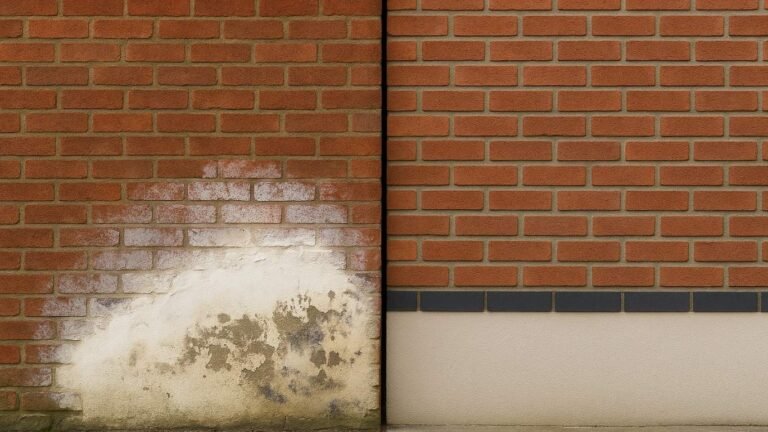 Side-by-side view of damaged brick wall with rising damp and a clean wall protected by a proper Damp Proof Course (DPC)