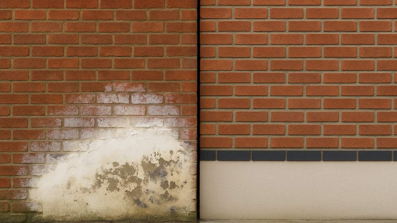 Side-by-side view of damaged brick wall with rising damp and a clean wall protected by a proper Damp Proof Course (DPC)