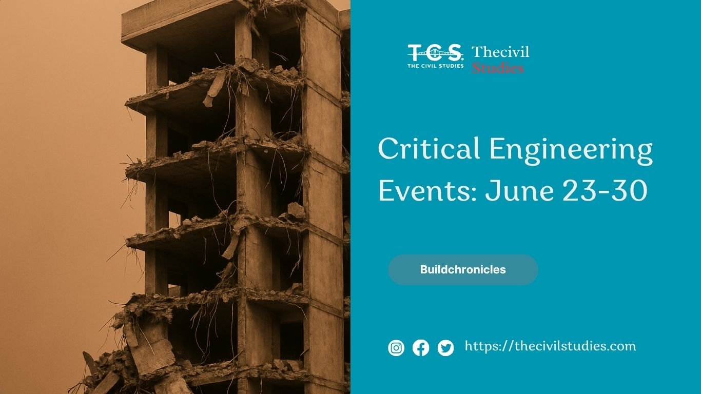 A partially collapsed concrete building with exposed rebar and broken slabs, representing a structural engineering failure.